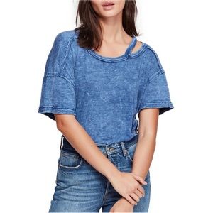 Free People Alex Cutout Tee Blue Small Distressed Cold Shoulder